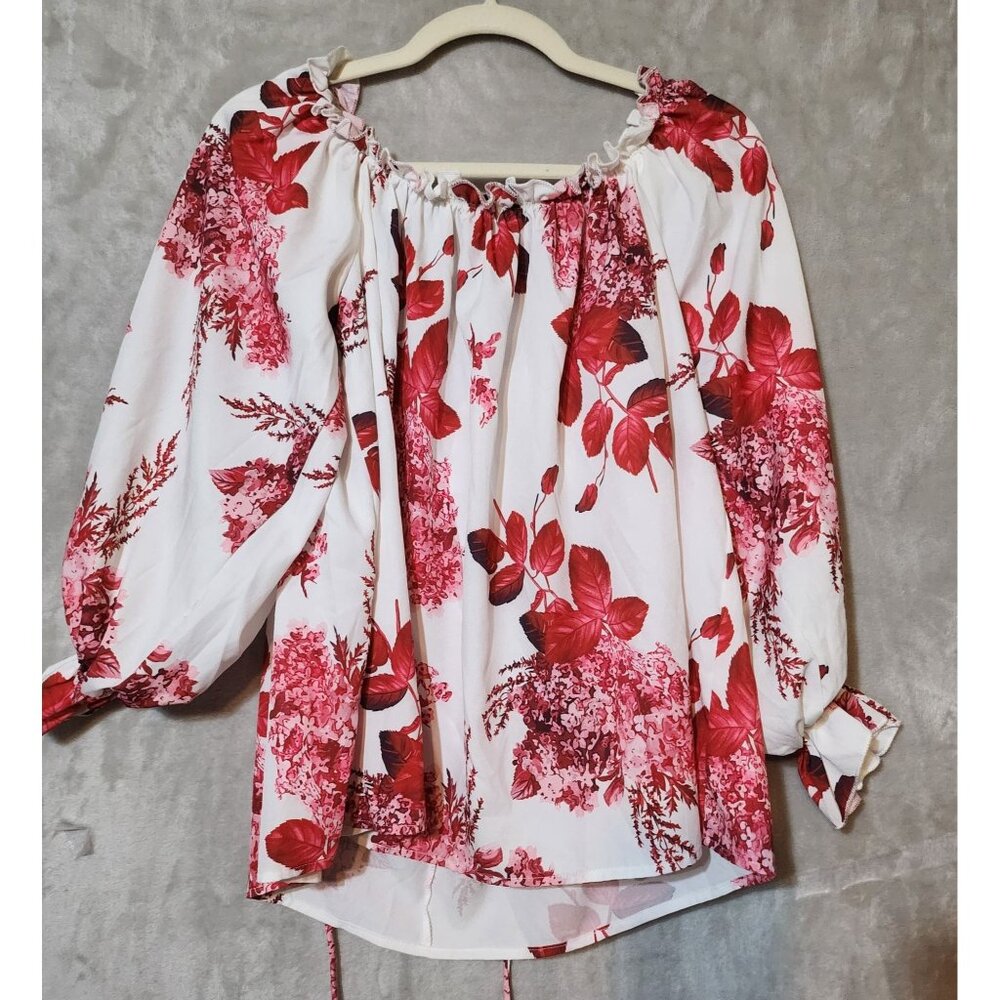 ChicMe Bloody Red floral Off-Shoulder Puff Sleeve Blouse - Chic & Boho‎ Style M - Picture 4 of 5